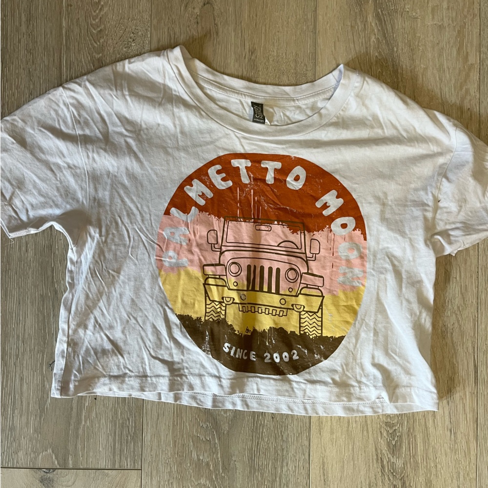 Palmetto Moon womens white cropped T-Shirt with Jeep Graphic